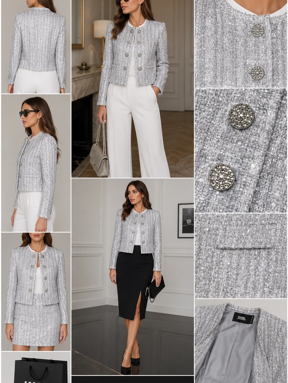 Karl Lagerfeld Silver Sequins Tweed Collarless Blazer with Crystal Buttons